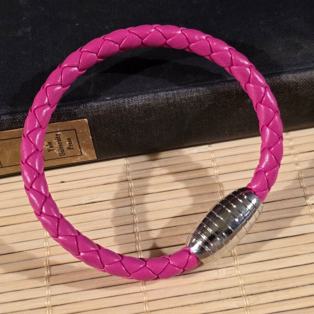 Braided Thick Dark Pink Vegan Leather Magnetic Clasp Bangle Bracelet